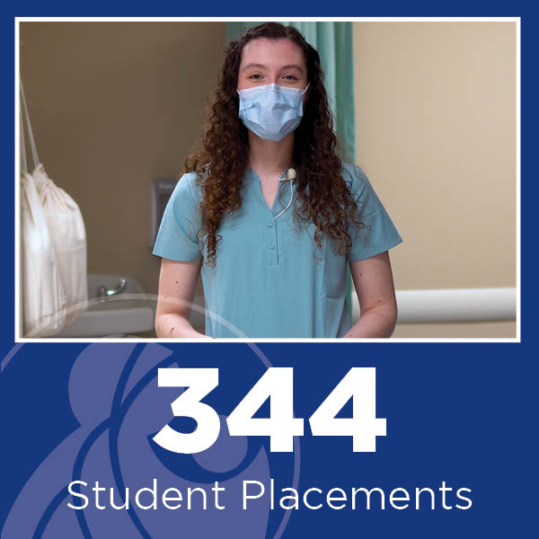 A Clinical Extern nursing student stands inside a patient room in front of a green privacy curtain. White text on a blue background reads: 344 Student Placements.