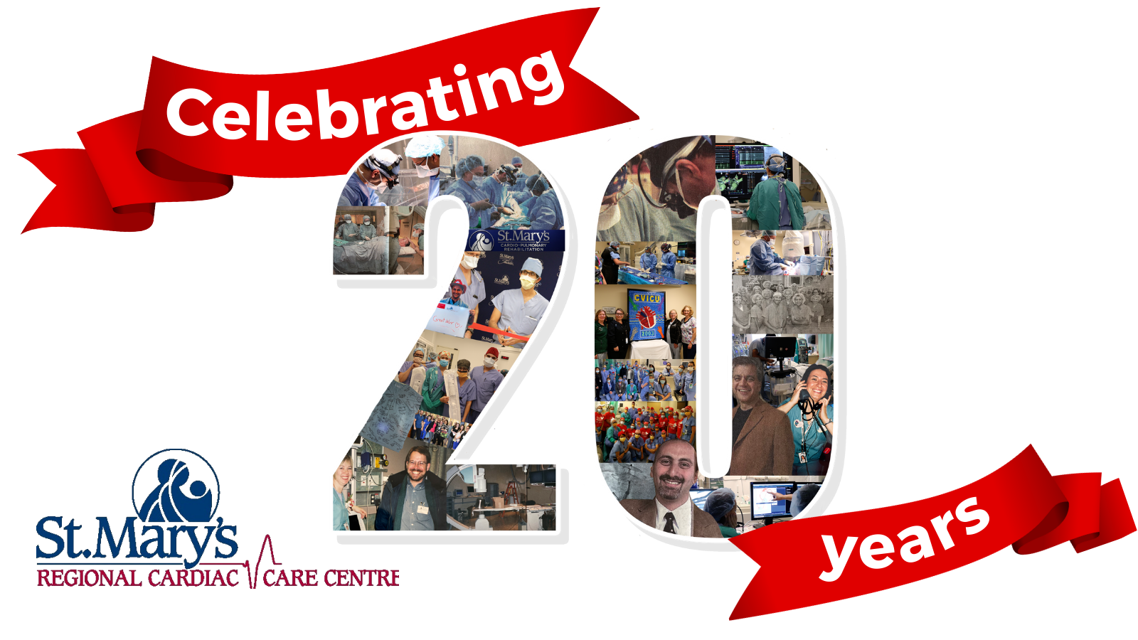 Image with the number 20. Inside the number is a collage of photos over the years depicting moments in cardiac care. The text reads "Celebrating 20 Years of Cardiac Excellence"
