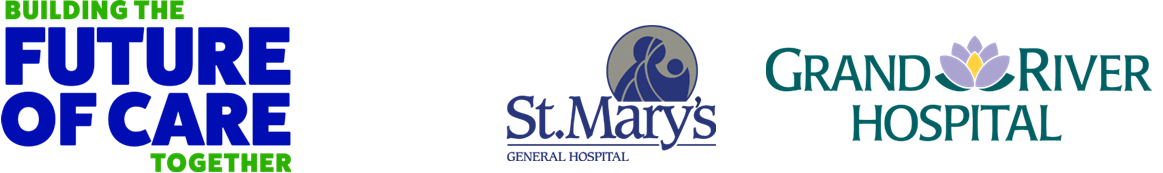 Three logos that read: Building the Future of Care Together next to the logos for St. Mary's General Hospital and Grand River Hospital