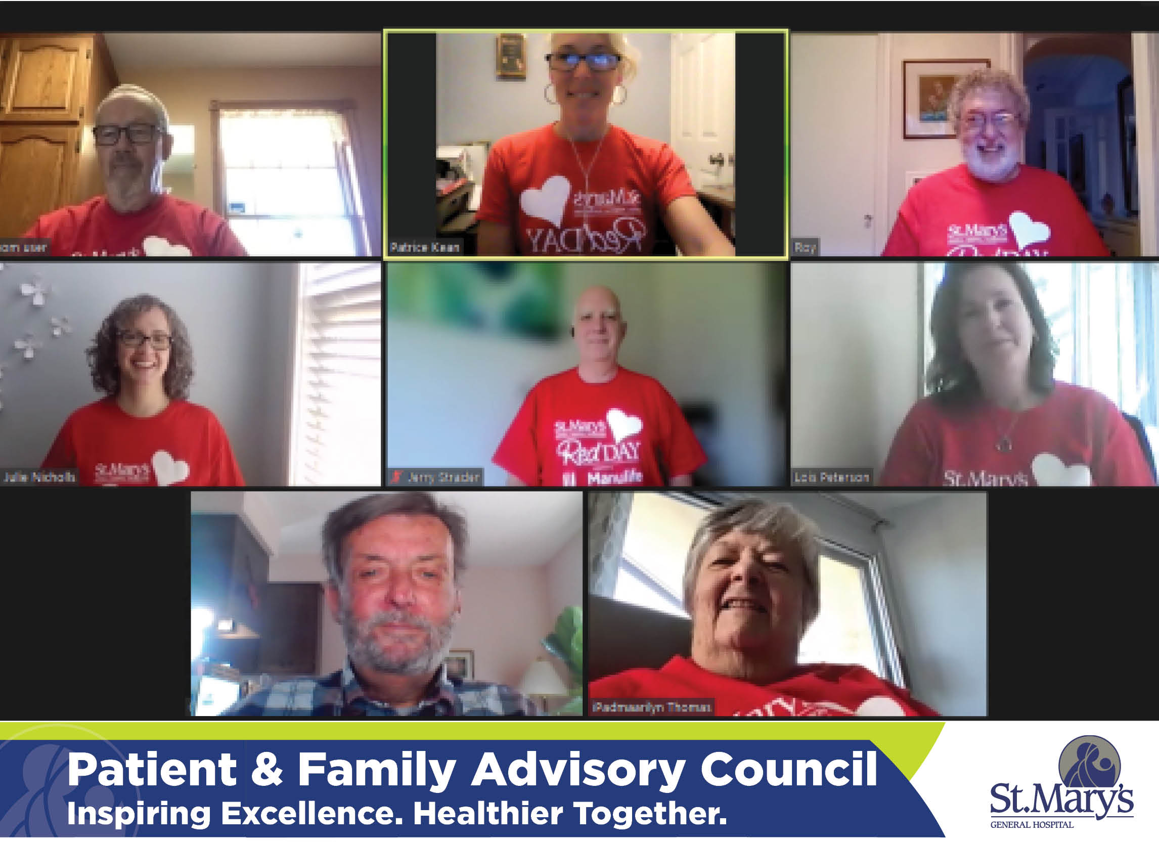 Zoom screenshot of a PFAC meeting featuring eight members and the text "Patient & Family Advisory Council. Inspiring Excellence. Healthier Together."