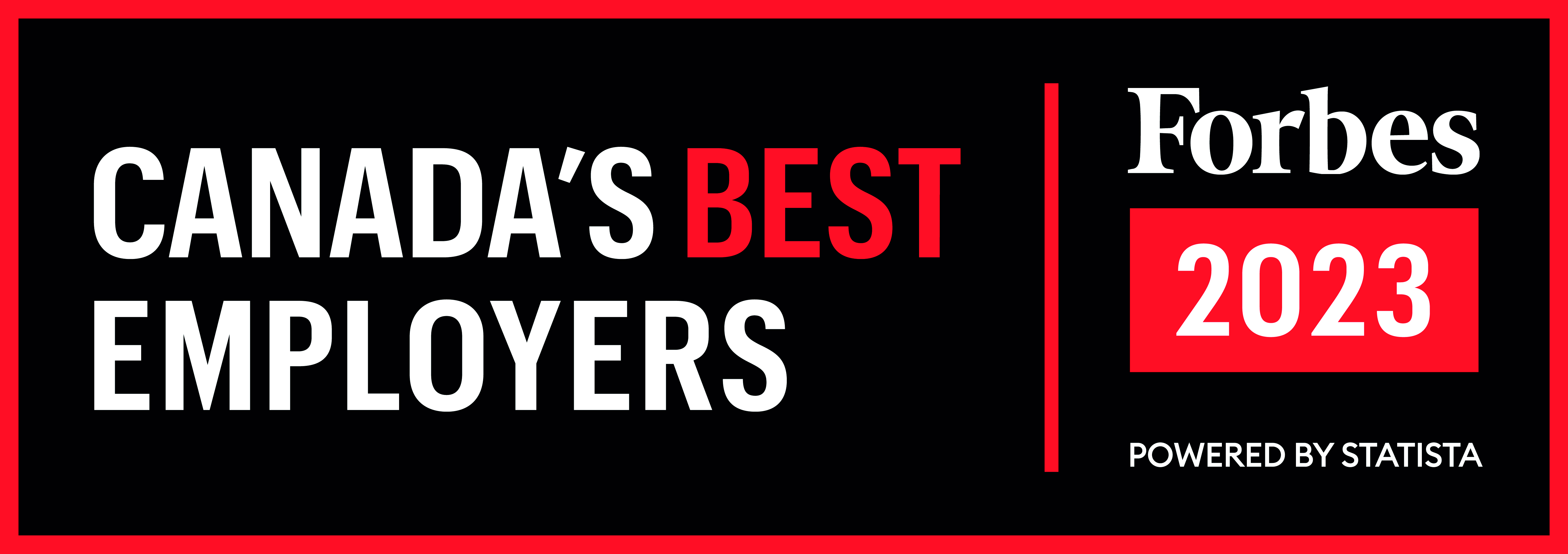 Logo - black background red text that reads "Forbes Canada's Best Employers 2023"